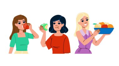 sağlıklı elma yiyen kadın vektörü. Sağlıklı insan, yemek diyeti, kadın beslenme, elma yiyen kadın karakter. İnsanlar düz çizgi film çizimi