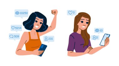 İletişim sosyal medya kadın vektörünü kontrol ediyor. Teknoloji telefonu, kadın internet, bilgisayar dijital iletişim sosyal medya kadın karakterini kontrol ediyor. İnsanlar düz çizgi film çizimi