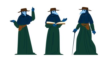 Ölüm vebası doktor vektörü. Maskeli kuş, gaga kostümü, tıbbi salgın hastalıklar, veba salgını doktor karakteri. İnsanlar düz çizgi film çizimi