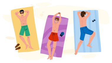 Sahilde güneşlenen adam en üst vektör. Yaz mutlu, havuz seyahati, genç rahat manzara güneşlenen plaj kahramanı. İnsanlar düz çizgi film çizimi