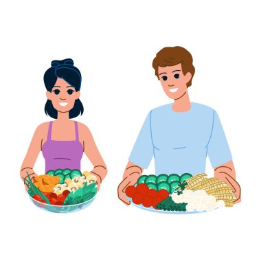 Yemek bitkisi temelli diyet vektörü. Vejetaryen vejetaryen, avokado kasesi, sağlık salatası tabanlı diyet karakter. İnsanlar düz çizgi film çizimi