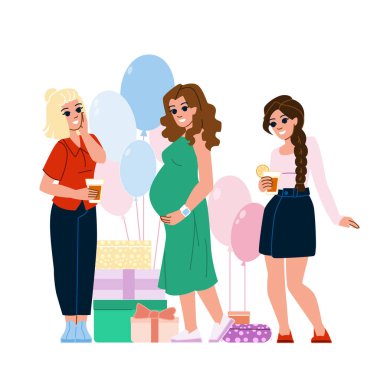 Bebek partisi kutlama vektörü. Doğum günü partisi, hamile masası, tatlı oğlan, kız kartı, doğum günü kadınları bebek kutlaması karakteri. İnsanlar düz çizgi film çizimi