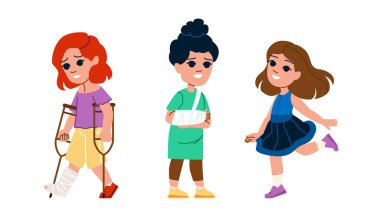 Kırık kemik çocuk vektörü. Çocuk yaralanması, kırık kol, yaralanma, bacak tıbbı, bandajlı hasta kırık kemik çocuk karakteri. İnsanlar düz çizgi film çizimi