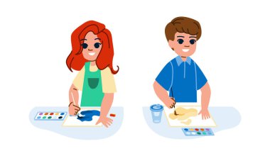 Boyacı kız vektörü. Çocuk boyası, çocuk boyası, okul mutlu, genç, boyacı, boyacı kız karakteri. İnsanlar düz çizgi film çizimi