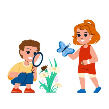 Çocuk vektörünü araştır. Eğitim yazı, merak dışarıda, kız dışarıda, macera ağacı, keşif genç araştırmacı doğa çocuğu karakteri. İnsanlar düz çizgi film çizimi