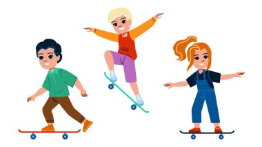 Çocuk kaykay vektörü. Kaykaycı çocuk, kaykaycı çocuk, kaykaycı çocuk, kaykaycı çocuk. İnsanlar düz çizgi film çizimi