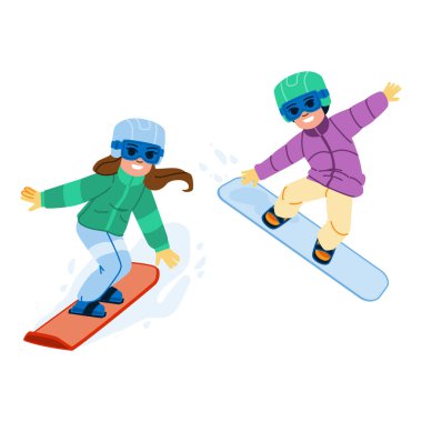 Snowboard çocuk vektörü. Aktif snowboard sporu, kış sporu, snowboardcu mutlu, eğlenceli kar, sezon sporcusu çocuk karakteri. İnsanlar düz çizgi film çizimi