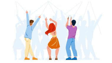 İnsanlar konser vektörü. Seyirci kitlesi, festival silueti, eğlence, müzik şovu, canlı insanlar konser karakteri. İnsanlar düz çizgi film çizimi