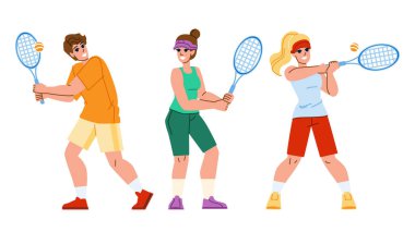 Tenis topu vektörü. kort sporu, yarışma eğlencesi, sarı oyna, raket yaşam tarzı, yaz tenis oyunu karakteri. İnsanlar düz çizgi film çizimi