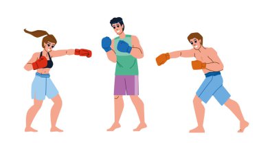 Boks sporu. Eğitim yarışması, boksör dövüşü, atlet yetişkin, boksör profesyonel boks sporu karakteri. İnsanlar düz çizgi film çizimi