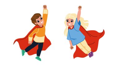 Çocuk kahraman uçuş vektörü. çocuk rüyası, aktif uçmak, çocukluk, oyun çocuğu, güç, eğlence özgürlüğü, kazanan kahraman çocuk. İnsanlar düz çizgi film çizimi