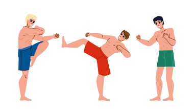 Spor vektörü. Dövüşçü sporcu, yetişkin dövüşçü, spor müsabakası, erkek antrenmanı, güçlü dövüş sporu karakteri. İnsanlar düz çizgi film çizimi