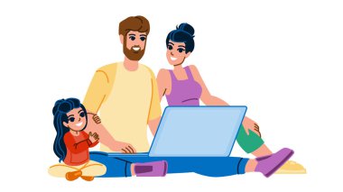 Aile bilgisayar vektörü. Erkek evde, dizüstü bilgisayarlı mutlu çocuk, internet babası, internet teknolojisi, ebeveyn kadın bilgisayar karakteri. İnsanlar düz çizgi film çizimi