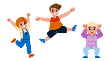 Mutlu çocuk vektörü. Çocuk eğlencesi, çocukluk, mutluluk, neşeli gülümseme, küçük arkadaşlar mutlu çocuk karakteri. İnsanlar düz çizgi film çizimi