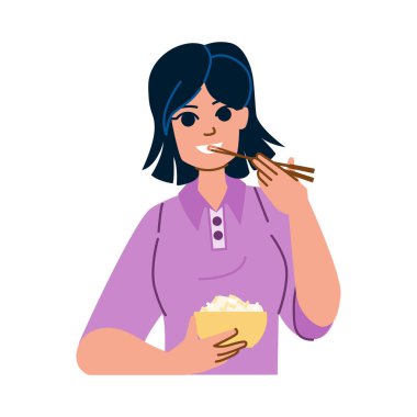 pirinç yiyen vektör. Asya yemeği, akşam yemeği, diyet mutfağı, beslenme, tahıllı organik pirinç yeme karakteri. İnsanlar düz çizgi film çizimi