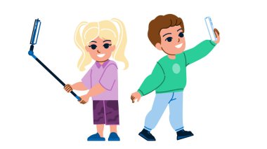 Selfie çocuk vektörü. çocuk mutlu, çocukluk, küçük kız, telefon eğlencesi, sevimli gülümseme, mobil kamera, güzel selfie çocuk karakteri. İnsanlar düz çizgi film çizimi