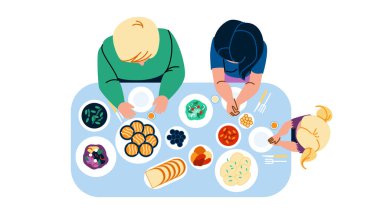 Aile yemeği vektörü. Yemek çocuğu, yemek adamı, anne kızı, öğle yemeği babası, eğlenceli ebeveyn, masa başı aile yemeği karakteri. İnsanlar düz çizgi film çizimi