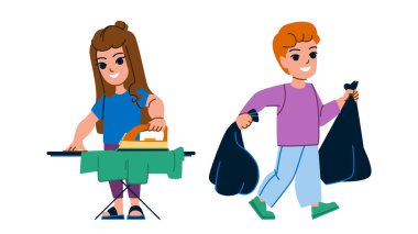 Ev çocuğu vektörü. Ev ailesi, ev çocuğu, çocuk yaşam tarzı, temiz mutlu, ev işi odası çocuk karakteri. İnsanlar düz çizgi film çizimi