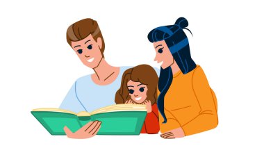 Aile okuma vektörü. Anne kız, kız kitabı, çocuk evi, birlikte ebeveyn, baba insanlar, evde okuma, genç gülümseme, çocuk aile okuma karakteri. İnsanlar düz çizgi film çizimi