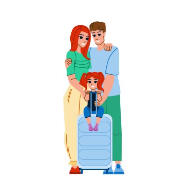 Aile seyahat vektörü. Tatil çocuğu, birlikte anne, baba eğlencesi, erkek mutlu, yaz tatili, kadın çocuk, hayat tarzı genç, kız aile seyahati karakteri. İnsanlar düz çizgi film çizimi