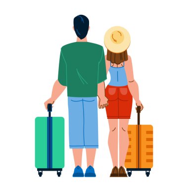 çift havaalanı vektörü. Seyahat eden kadın, tatil çantası, uçuş yolculuğu, mutlu turist, uçak bagajı havaalanı karakteri. İnsanlar düz çizgi film çizimi