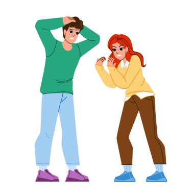Çift bağrışması. Kadın erkek, kızgın ilişki, sorunlu aile, kavga erkek arkadaş, karı koca çatışması, bağıran karakter çifti. İnsanlar düz çizgi film çizimi