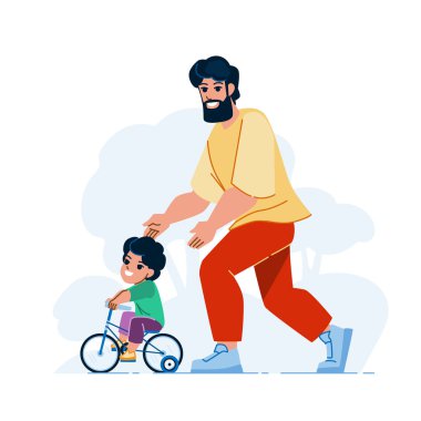 Baba oğul bisiklet vektörü. Baba çocuk bisikleti, mutlu eğlence sürüşleri, birlikte park baba oğul bisiklet karakteri. İnsanlar düz çizgi film çizimi