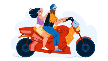 Motosikletli vektör. Motosikletli adam ve kadın, motosikletli sürücü, deri ceket, motosikletli ve kasklı motosikletli karakter. İnsanlar düz çizgi film çizimi