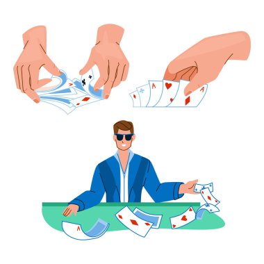 Poker kumarhanesi. Oyun masası, blackjack kartı, elle oynanan, para bahsi, kumarhane karakteri. İnsanlar düz çizgi film çizimi