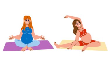 Hamile kadın yoga vektörü. Hamilelik egzersizi, doğum öncesi spor, anne ve bebek, ev sağlığı, hamile kadın yoga karakteri. İnsanlar düz çizgi film çizimi