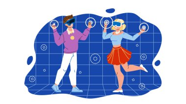 Metaverse Vr Gözlükleri Erkek ve Kız Vektör Kullanıyor. Metaverse sanal gerçeklik aygıtı video oyunları oynamak ve video izlemek için genç adam ve kadını kullanıyor. Karakterler Düz Çizgi Film Çizimi