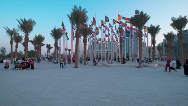 Doha Corniche Sonnenuntergang Ansicht Zeigt Flaggen Der Teilnehmenden Länder Mit — Stockvideo