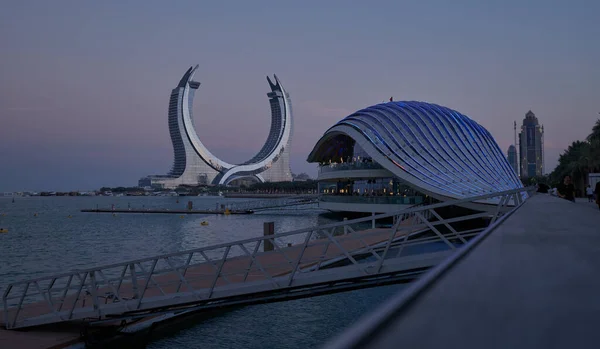 Ciudad Lusail Qatar Proyecto Katara Towers Lusail Marina Sunset View — Foto de Stock