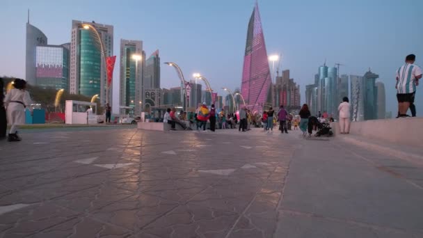 Doha Corniche Doha Katar Beim Zoomen Sonnenuntergang Katar Bereitet Sich — Stockvideo
