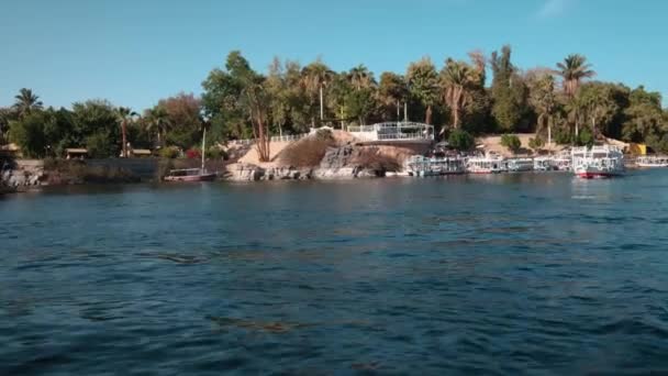 이집트의 아스완에 강에서 오후에 아스완 식물원 입구에 보트들을 사진이 찍혔다 — 비디오