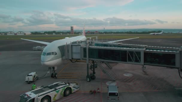 バリ島ヌグラライ国際空港またはデンパサール空港とも呼ばれます 飛行機で滑走路を示す昼光撮影 — ストック動画