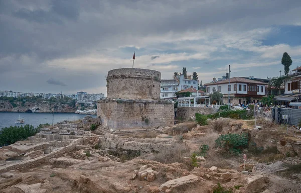 stock image Hidirlik Tower in the old city Marina at the foot of Kaleici old town in Antalya, Turkey. it is a round stone tower built by the Romans in the 2nd century