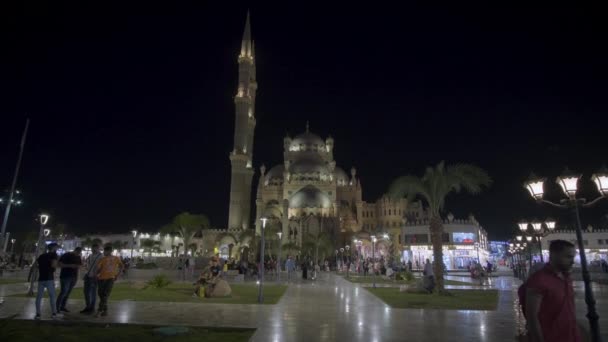 シャルム シェイク 南シナイ総督 エジプト 2023年9月17日 サハバ モスクはファティマ マムルーク オスマン様式の要素を建築とインテリアデザインに融合した ナイトビュー — ストック動画