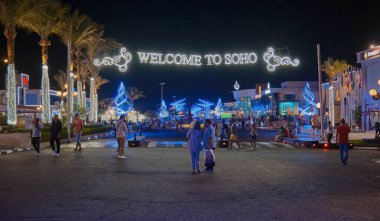 SOHO square in Sharm El Sheikh, Egypt is a Vibrant square featuring fountains, restaurants lounges, an ice rink,  nightlife and other entertainments. clipart