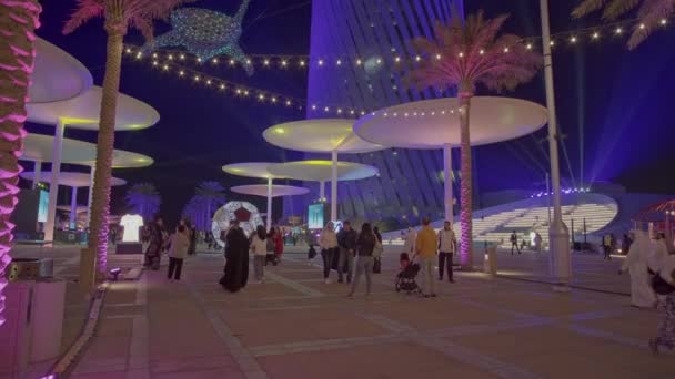 卡塔尔卢萨尔市卢萨尔市的卢萨尔街夜景 展示了参加亚足联2023年亚洲杯的国家庆祝亚洲文化多样性的游行 — 图库视频影像