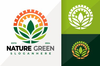 Doğa Yeşil Peyzaj Güneş Logosu tasarım vektör simgesi çizimi