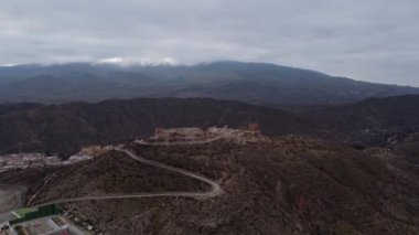 Aerial view. Tabernas desert wild and barren landscape in Almeria, Spain. Movie location set for spaghetti western. High quality 4k footage