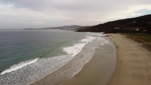 Panoramic Aereal Drone Shot Beach Barranan Galicia Spain Sunny Day — Stockvideo