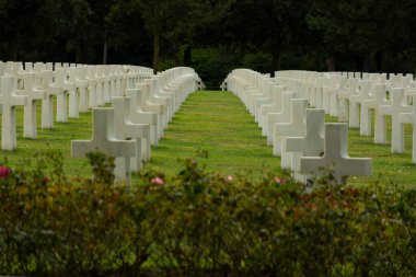 Normandiya 'da mezarlar. İngiliz askerlerinin mezarları Bayeaux, Normandiya, Fransa 'daki devlet mezarlığında. Yüksek kalite fotoğraf