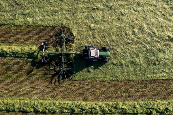 Harvesting Drying Hay Grass Tedder Turns Freshly Cut Grass Drone — Stock Photo, Image
