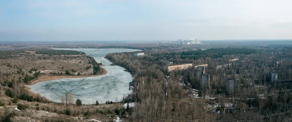 Pripyat, Chernobyl, Ukraine. View of the abandoned city and the Chernobyl Nuclear Power Plant.