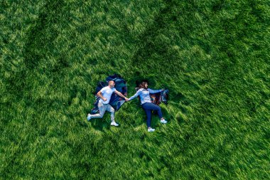 Parktaki büyük yeşil bir çayırda birbirine aşık bir çift. Mutluluk ve sükunetin drone görüntüsü.