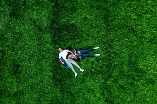 Parktaki büyük yeşil bir çayırda birbirine aşık bir çift. Mutluluk ve sükunetin drone görüntüsü.