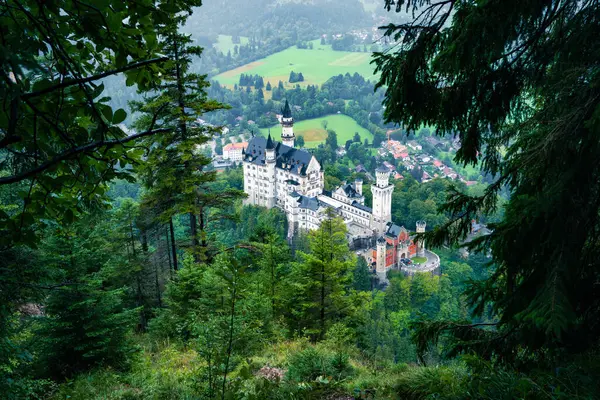 Widok Zamek Neuschwanstein Deszczowy Jesienny Dzień Górskie Stoki Skały Pokryte — Zdjęcie stockowe