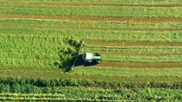 Bir Traktör Çimleri Açıyor Hava Manzarası Hasat Sırasında Traktör Ekolojik — Stok video